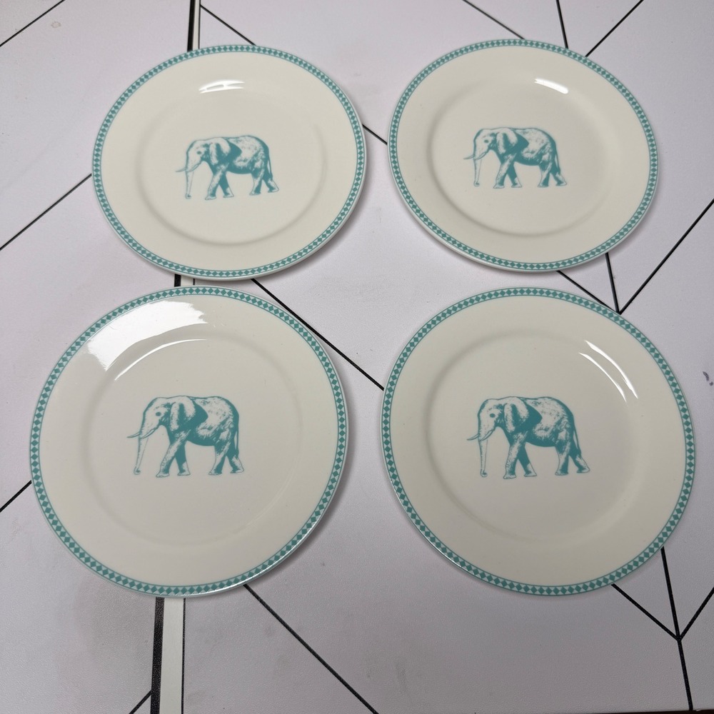 Set of 4 Ciroa Elephant Appetizer dessert side Plates White Teal 6.25in Modern
